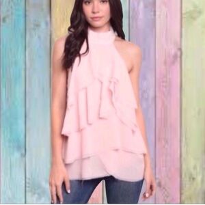 Alythea Soft Pink Mock Neck Ruffled Frayed Edging Sleeveless Top NWT